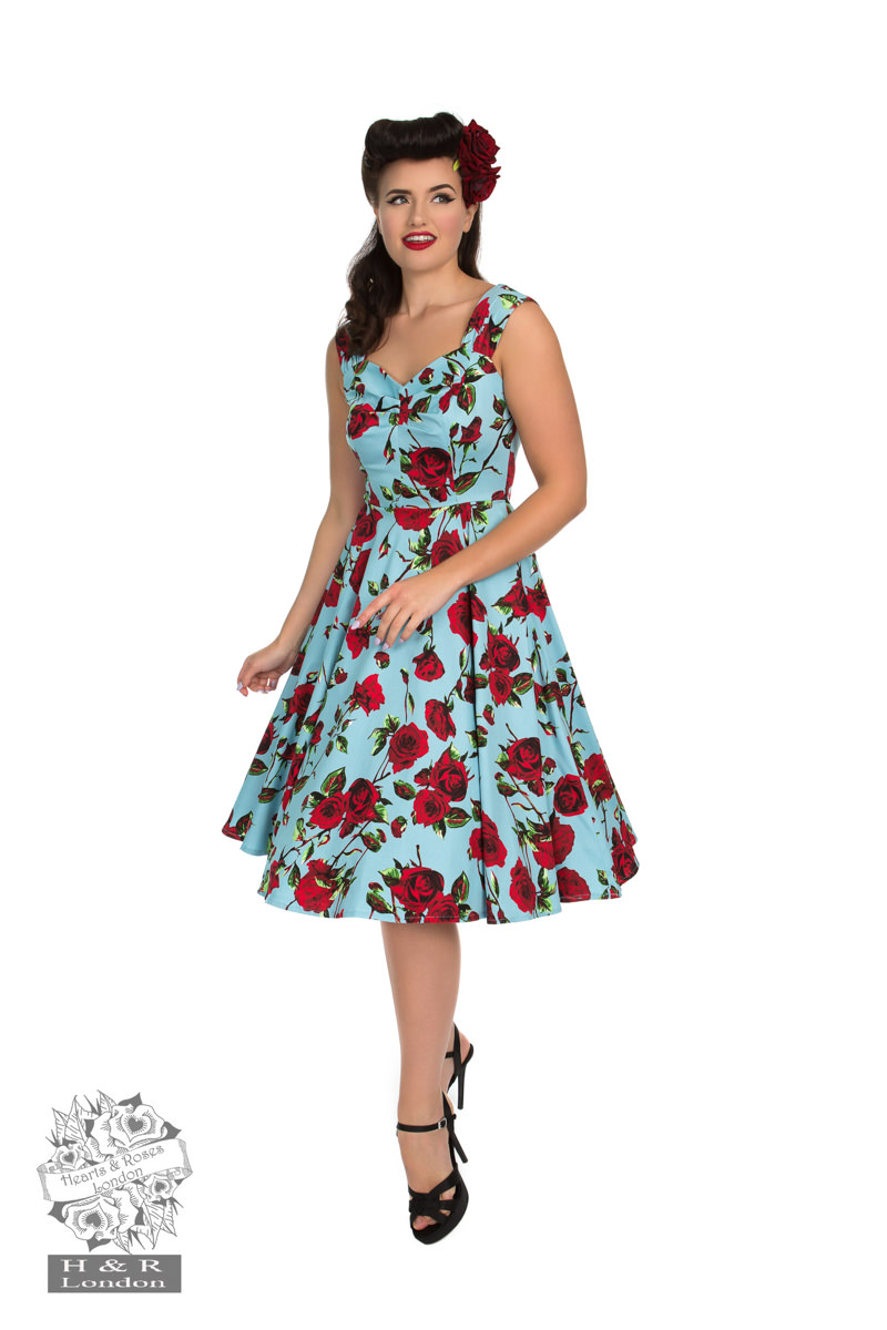 50s Ditsy Rose Floral Summer Dress in Blue